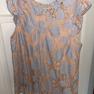 Monteau Blue and Tan Floral Lace Blouse